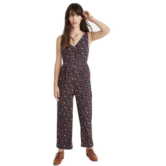 Madewell Pants - Madewell Floral V-Neck Jumpsuit Navy Blue Orange Wide Leg Double Strap Size 0
